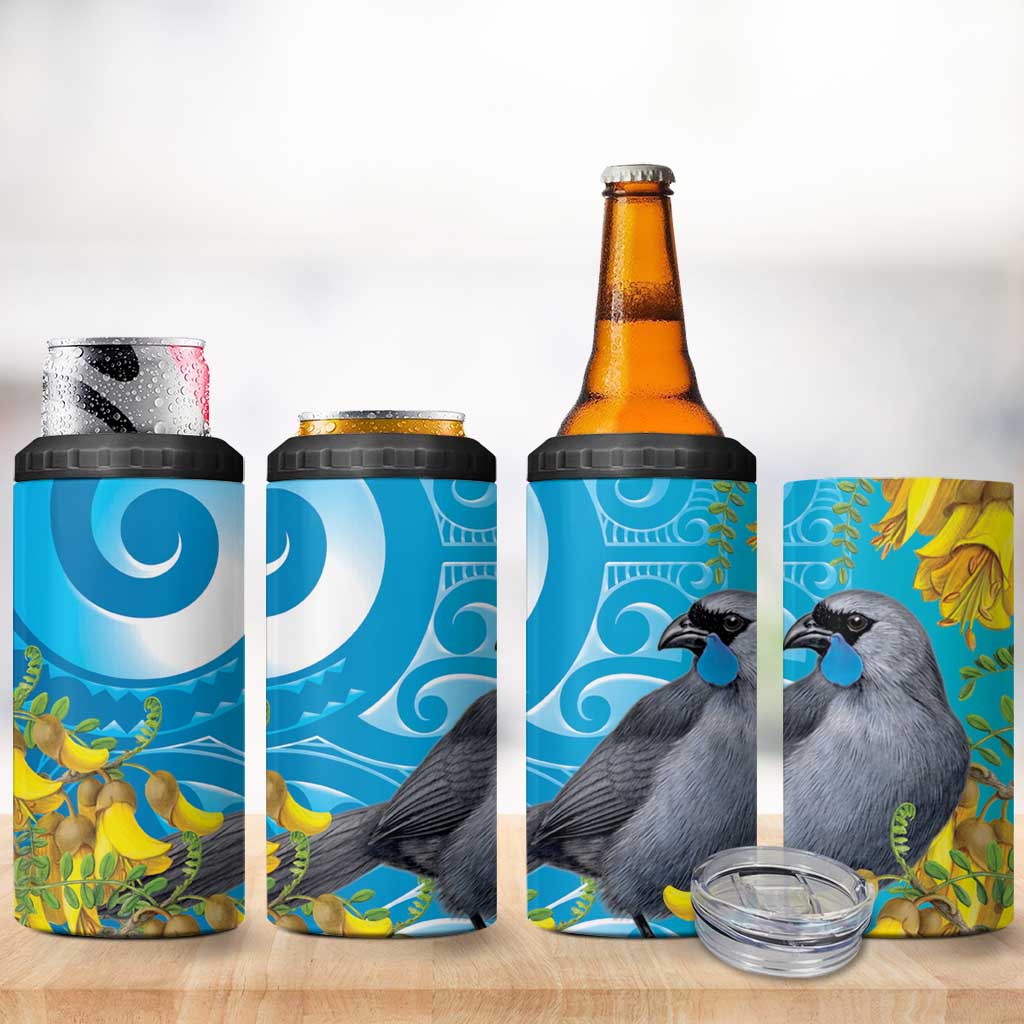 New Zealand Kokako Bird 4 in 1 Can Cooler Tumbler Maori Koru With Kowhai Flowers - Polynesian Pride