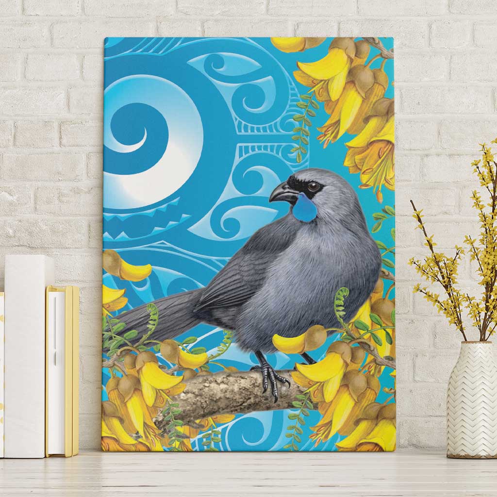 New Zealand Kokako Bird Canvas Wall Art Maori Koru With Kowhai Flowers - Polynesian Pride