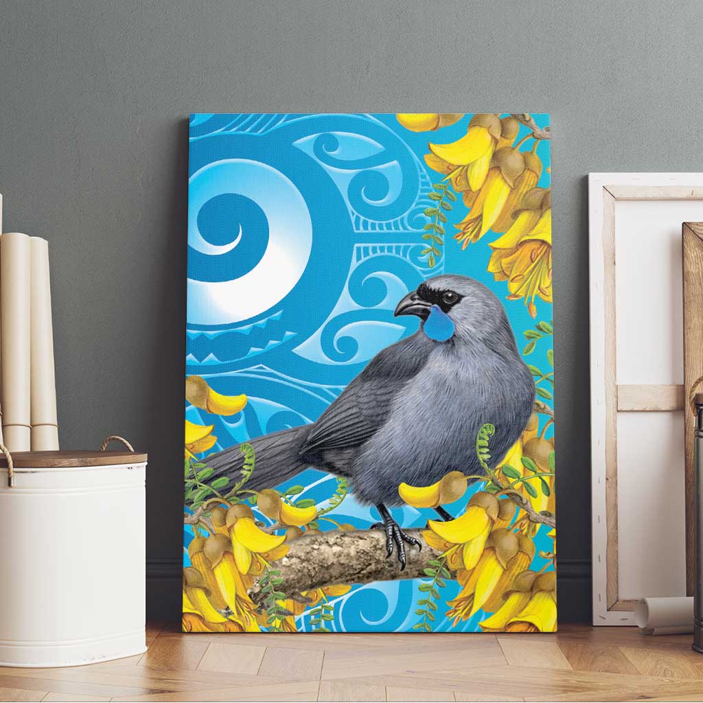 New Zealand Kokako Bird Canvas Wall Art Maori Koru With Kowhai Flowers - Polynesian Pride