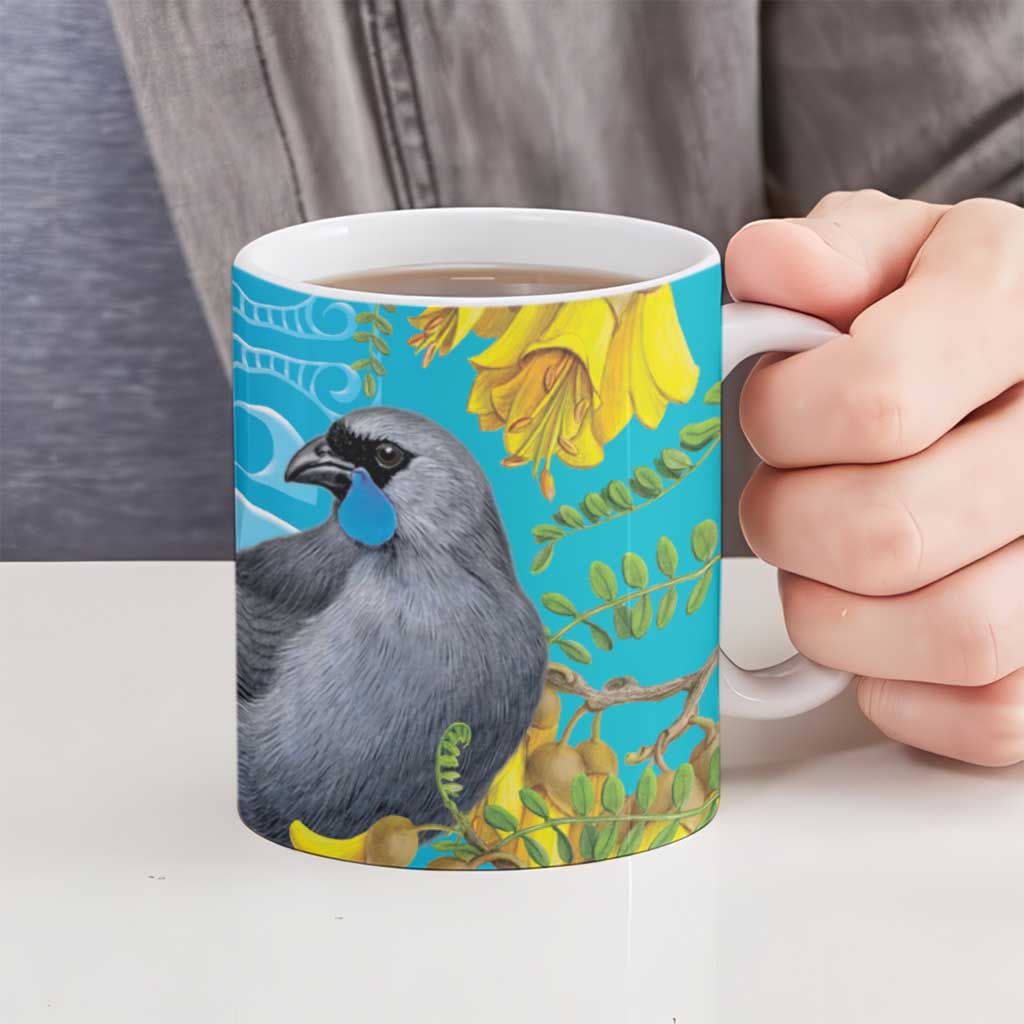 New Zealand Kokako Bird Ceramic Mug Maori Koru With Kowhai Flowers - Polynesian Pride