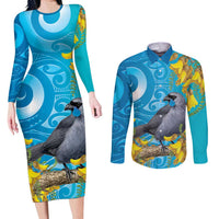 New Zealand Kokako Bird Couples Matching Long Sleeve Bodycon Dress and Long Sleeve Button Shirt Maori Koru With Kowhai Flowers - Polynesian Pride