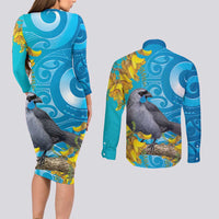 New Zealand Kokako Bird Couples Matching Long Sleeve Bodycon Dress and Long Sleeve Button Shirt Maori Koru With Kowhai Flowers - Polynesian Pride