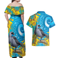 New Zealand Kokako Bird Couples Matching Off Shoulder Maxi Dress and Hawaiian Shirt Maori Koru With Kowhai Flowers - Polynesian Pride