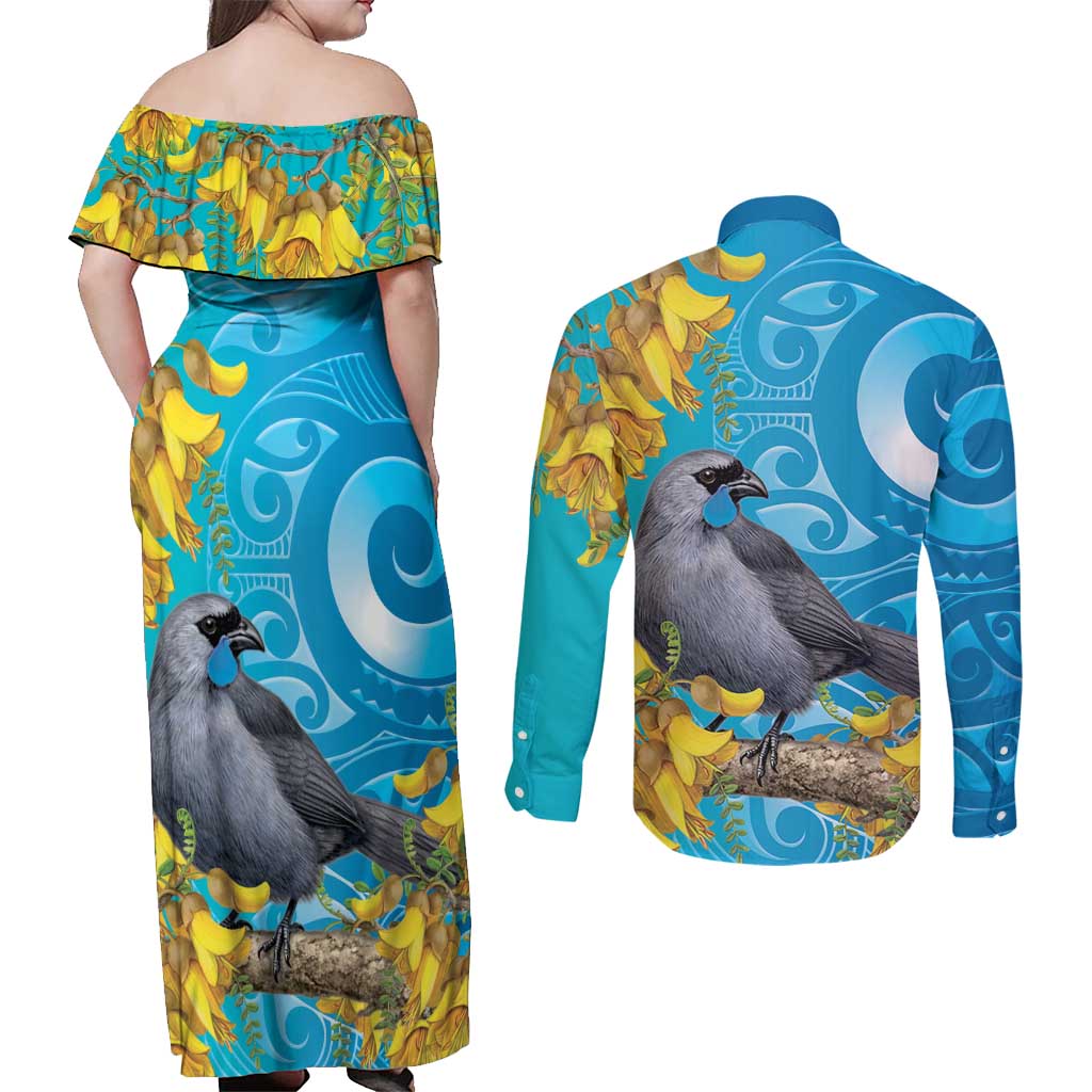 New Zealand Kokako Bird Couples Matching Off Shoulder Maxi Dress and Long Sleeve Button Shirt Maori Koru With Kowhai Flowers - Polynesian Pride