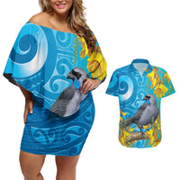 New Zealand Kokako Bird Couples Matching Off Shoulder Short Dress and Hawaiian Shirt Maori Koru With Kowhai Flowers - Polynesian Pride