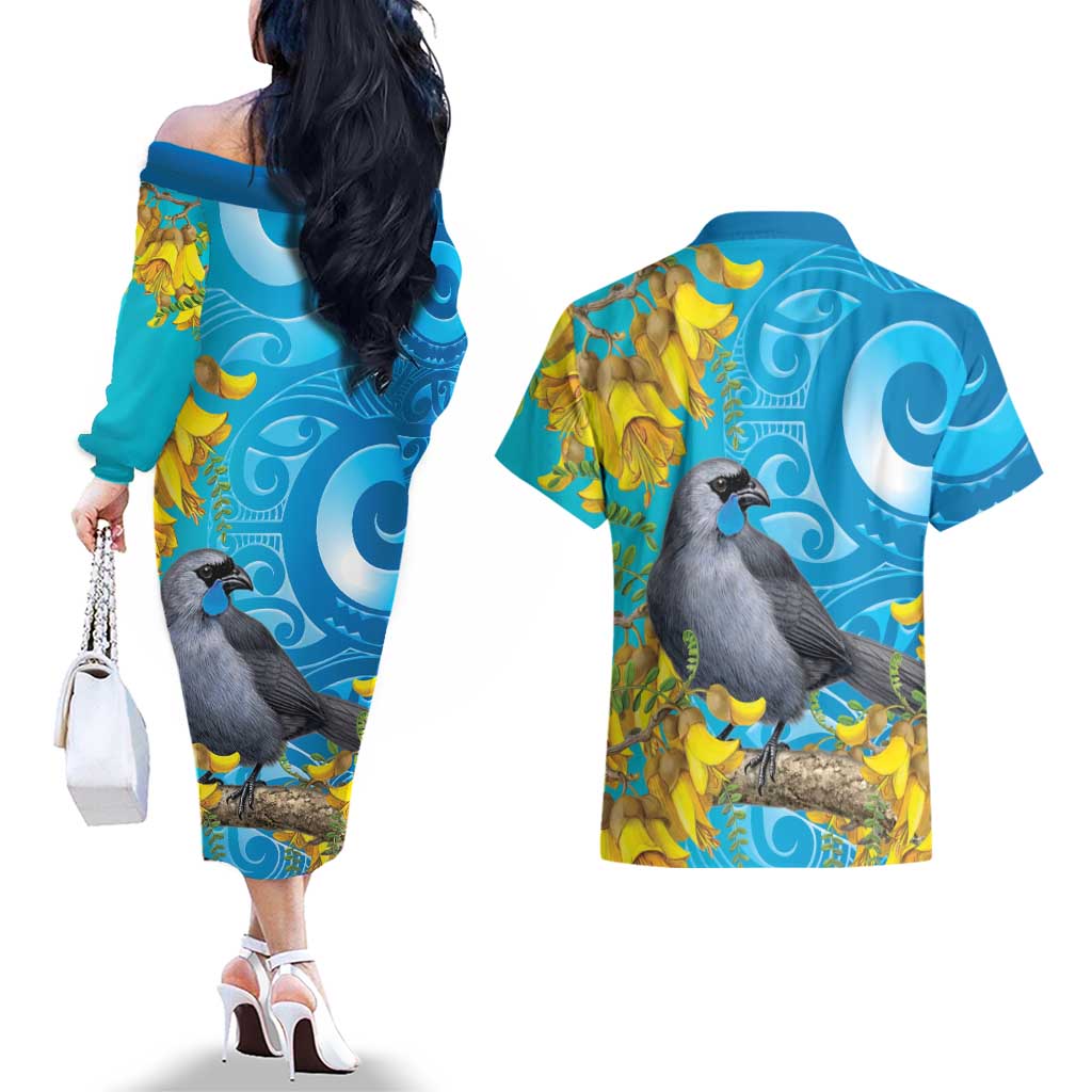 New Zealand Kokako Bird Couples Matching Off The Shoulder Long Sleeve Dress and Hawaiian Shirt Maori Koru With Kowhai Flowers - Polynesian Pride