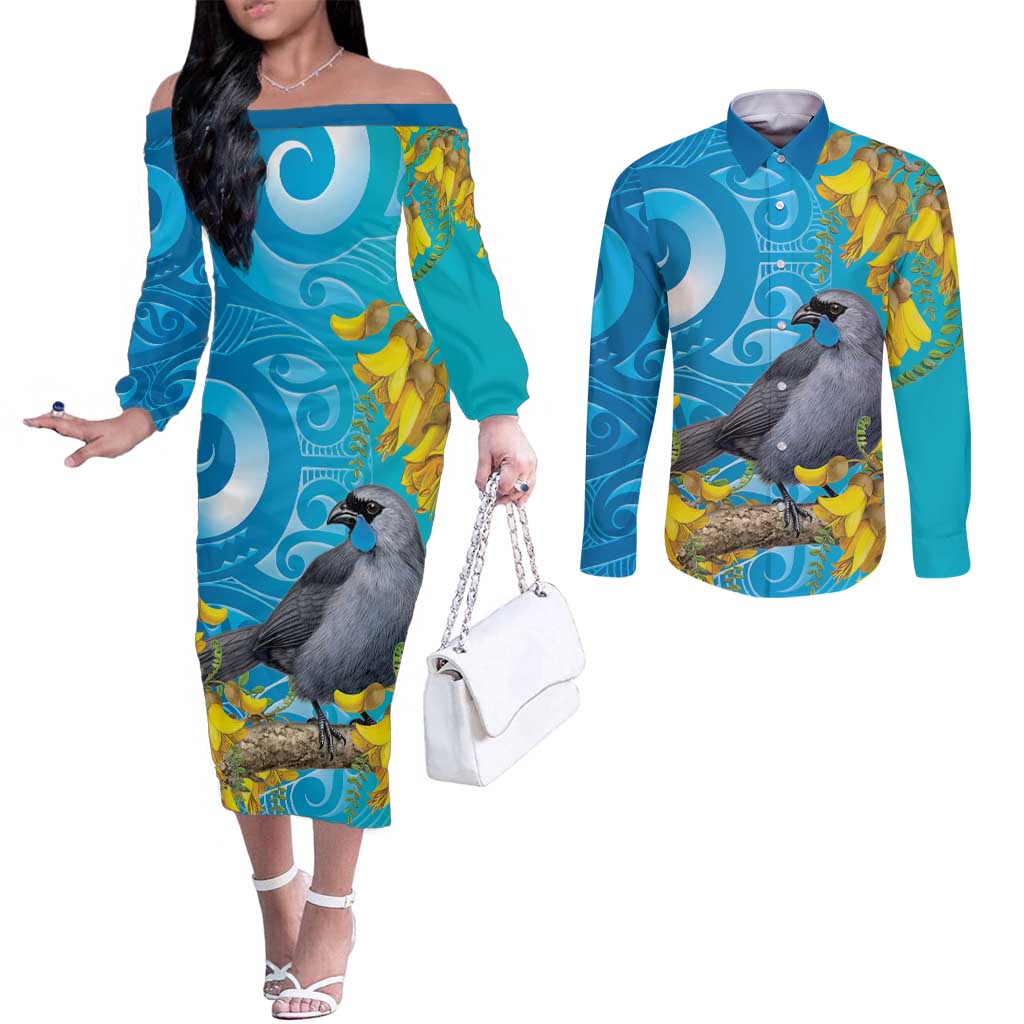New Zealand Kokako Bird Couples Matching Off The Shoulder Long Sleeve Dress and Long Sleeve Button Shirt Maori Koru With Kowhai Flowers - Polynesian Pride