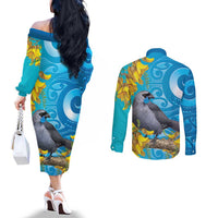 New Zealand Kokako Bird Couples Matching Off The Shoulder Long Sleeve Dress and Long Sleeve Button Shirt Maori Koru With Kowhai Flowers - Polynesian Pride