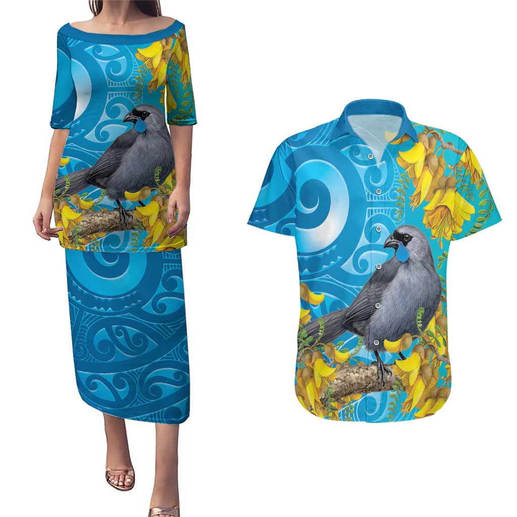 New Zealand Kokako Bird Couples Matching Puletasi and Hawaiian Shirt Maori Koru With Kowhai Flowers - Polynesian Pride