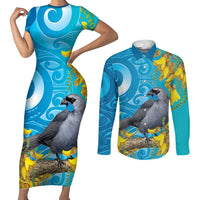 New Zealand Kokako Bird Couples Matching Short Sleeve Bodycon Dress and Long Sleeve Button Shirt Maori Koru With Kowhai Flowers - Polynesian Pride
