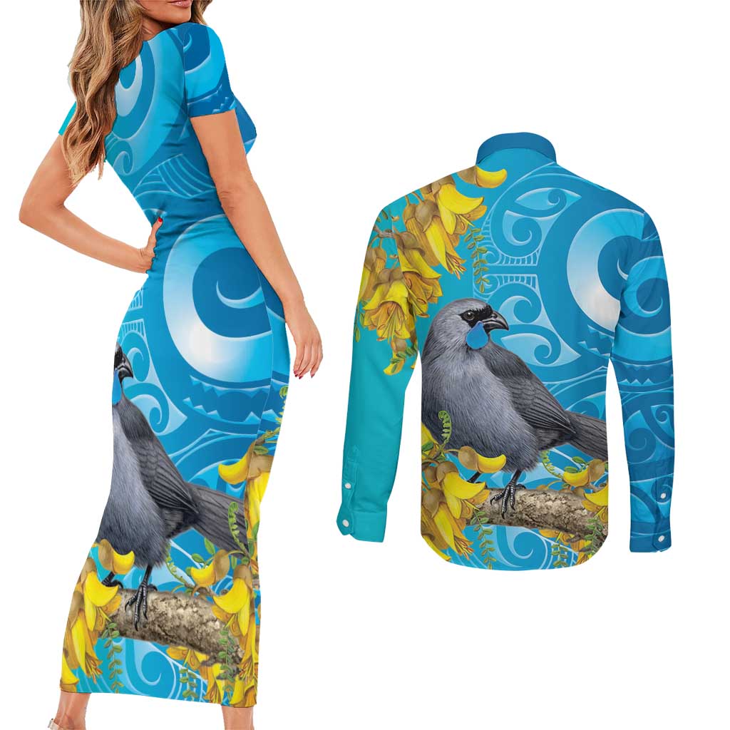 New Zealand Kokako Bird Couples Matching Short Sleeve Bodycon Dress and Long Sleeve Button Shirt Maori Koru With Kowhai Flowers - Polynesian Pride