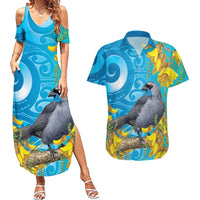 New Zealand Kokako Bird Couples Matching Summer Maxi Dress and Hawaiian Shirt Maori Koru With Kowhai Flowers - Polynesian Pride