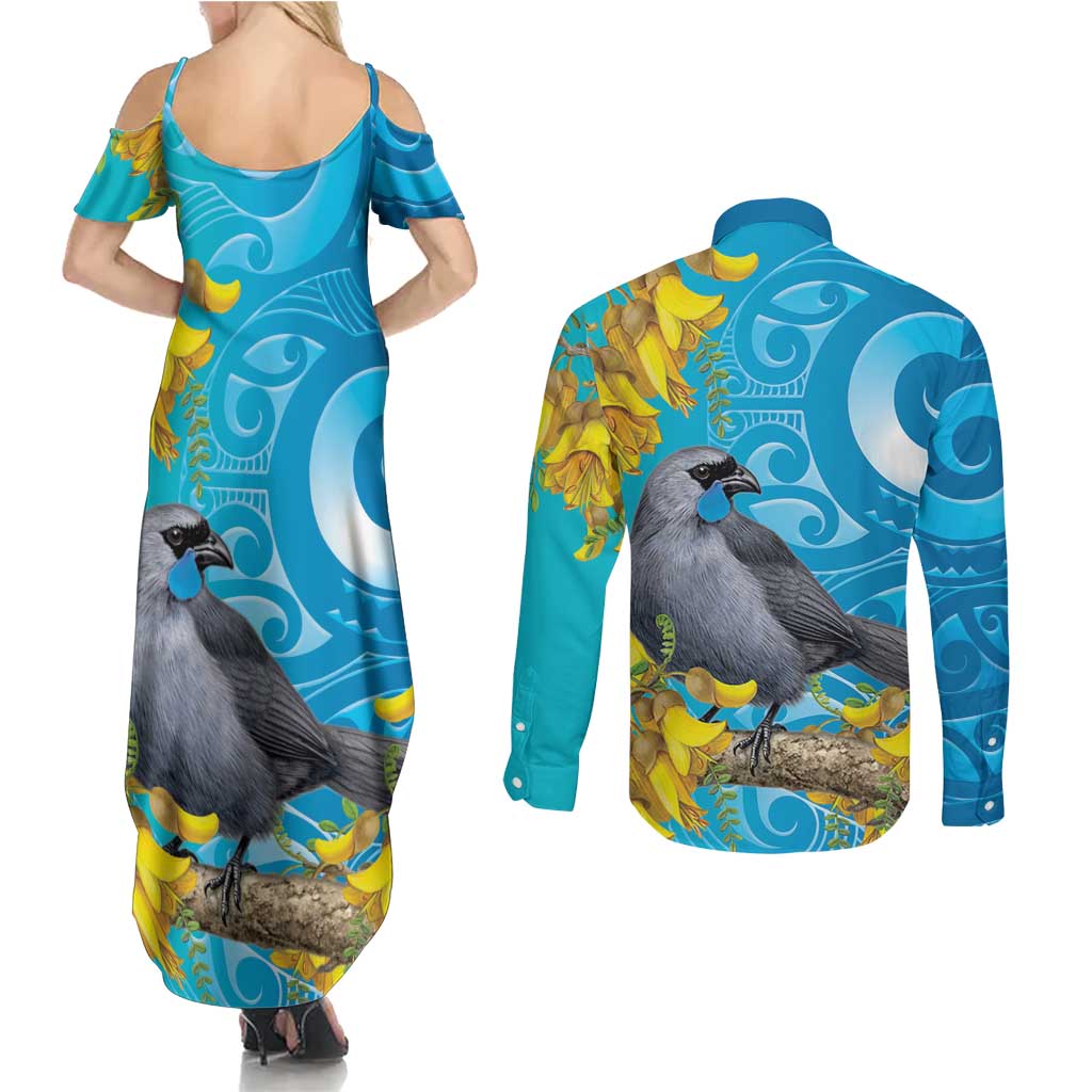New Zealand Kokako Bird Couples Matching Summer Maxi Dress and Long Sleeve Button Shirt Maori Koru With Kowhai Flowers - Polynesian Pride