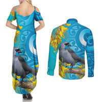 New Zealand Kokako Bird Couples Matching Summer Maxi Dress and Long Sleeve Button Shirt Maori Koru With Kowhai Flowers - Polynesian Pride