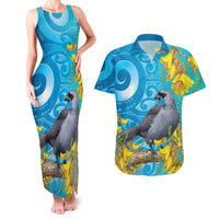 New Zealand Kokako Bird Couples Matching Tank Maxi Dress and Hawaiian Shirt Maori Koru With Kowhai Flowers - Polynesian Pride