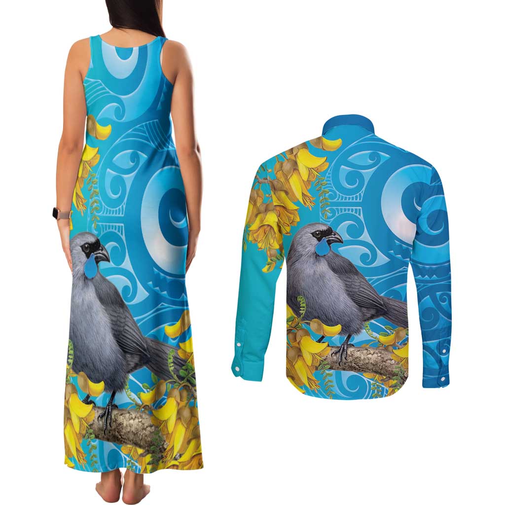 New Zealand Kokako Bird Couples Matching Tank Maxi Dress and Long Sleeve Button Shirt Maori Koru With Kowhai Flowers - Polynesian Pride
