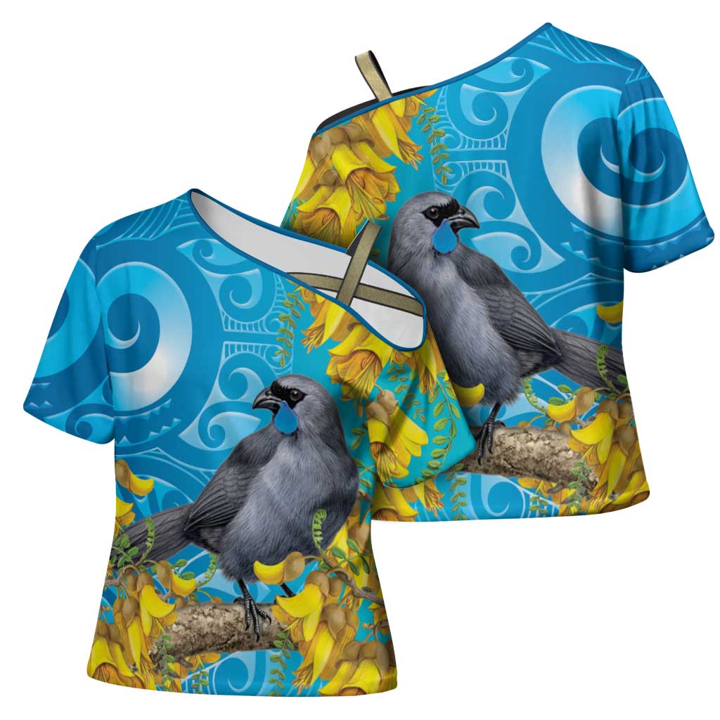 New Zealand Kokako Bird Cross Shoulder Shirt Maori Koru With Kowhai Flowers - Polynesian Pride