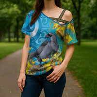 New Zealand Kokako Bird Cross Shoulder Shirt Maori Koru With Kowhai Flowers - Polynesian Pride