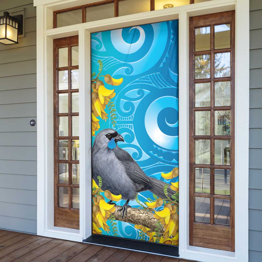 New Zealand Kokako Bird Door Cover Maori Koru With Kowhai Flowers - Polynesian Pride