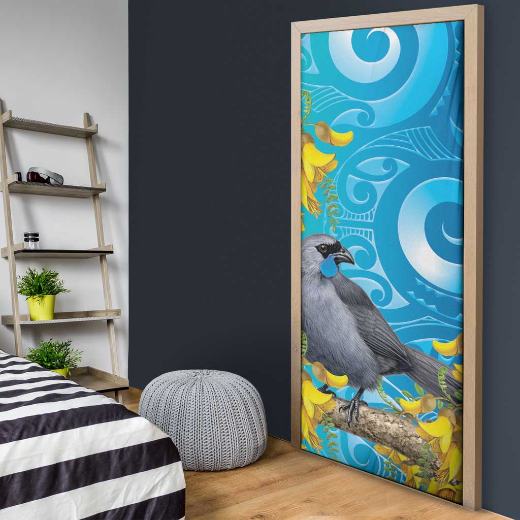 New Zealand Kokako Bird Door Cover Maori Koru With Kowhai Flowers - Polynesian Pride