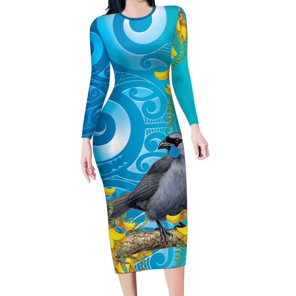 New Zealand Kokako Bird Family Matching Long Sleeve Bodycon Dress and Hawaiian Shirt Maori Koru With Kowhai Flowers