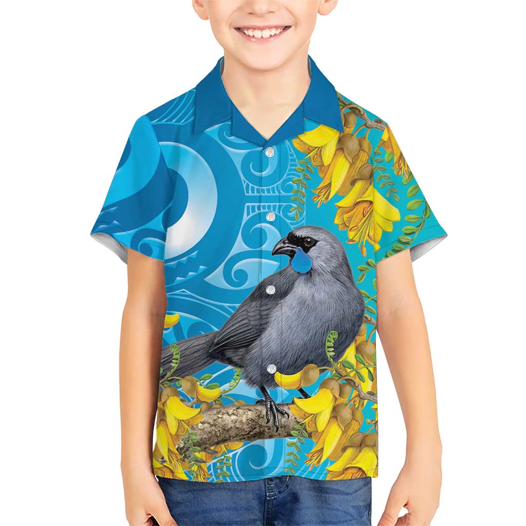 New Zealand Kokako Bird Family Matching Long Sleeve Bodycon Dress and Hawaiian Shirt Maori Koru With Kowhai Flowers