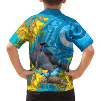 New Zealand Kokako Bird Family Matching Mermaid Dress and Hawaiian Shirt Maori Koru With Kowhai Flowers
