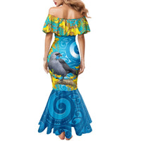 New Zealand Kokako Bird Family Matching Mermaid Dress and Hawaiian Shirt Maori Koru With Kowhai Flowers