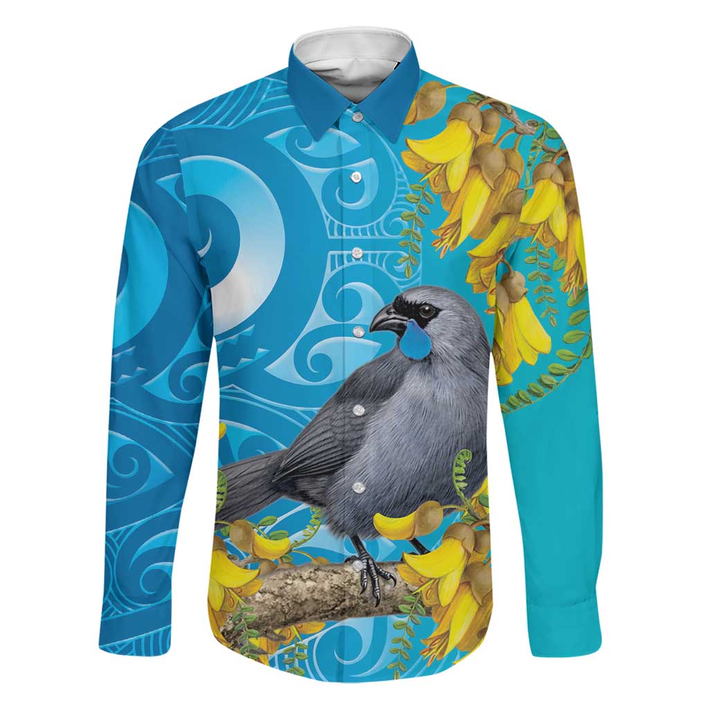 New Zealand Kokako Bird Family Matching Off The Shoulder Long Sleeve Dress and Hawaiian Shirt Maori Koru With Kowhai Flowers