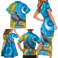 New Zealand Kokako Bird Family Matching Short Sleeve Bodycon Dress and Hawaiian Shirt Maori Koru With Kowhai Flowers