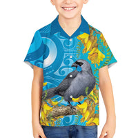 New Zealand Kokako Bird Family Matching Short Sleeve Bodycon Dress and Hawaiian Shirt Maori Koru With Kowhai Flowers