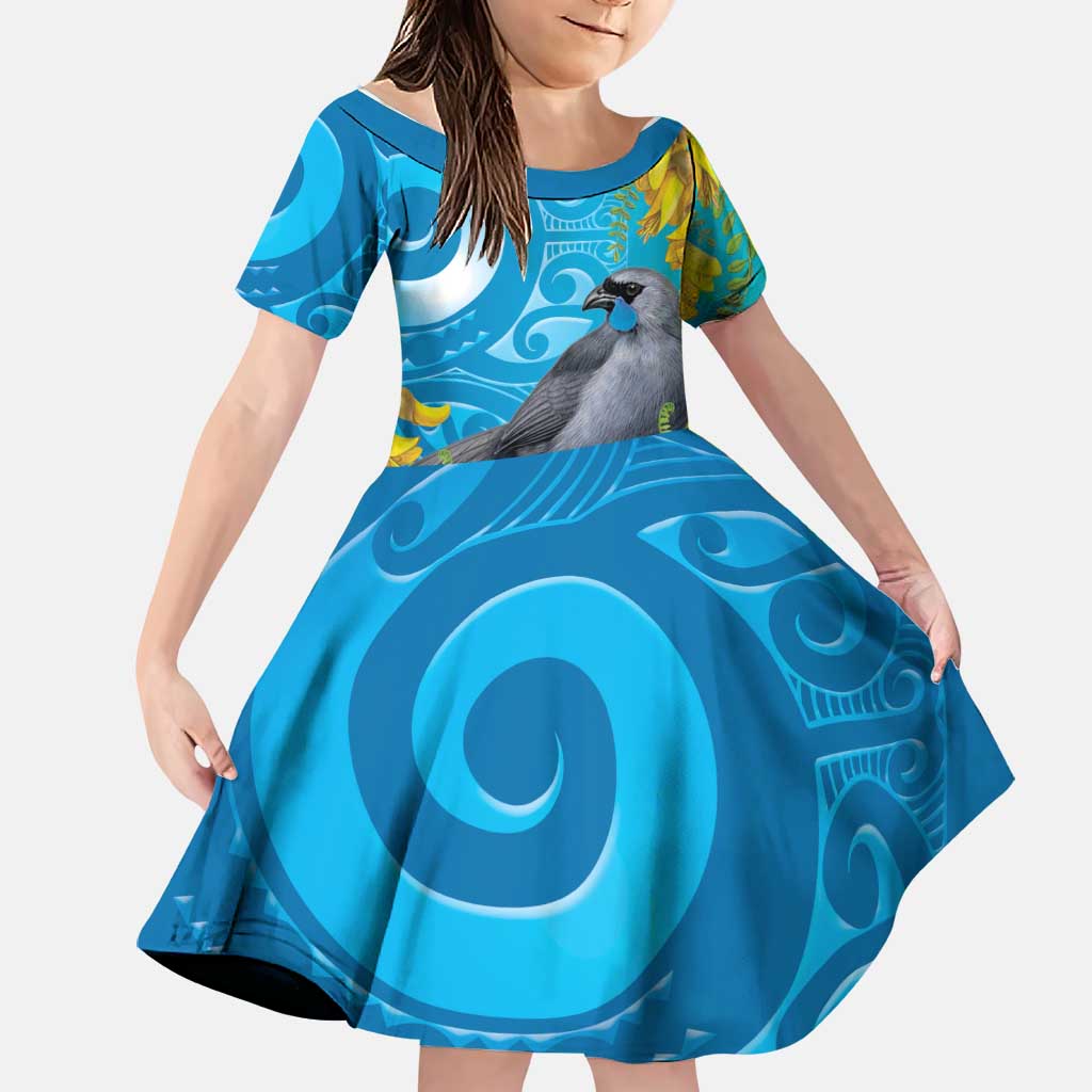 New Zealand Kokako Bird Family Matching Tank Maxi Dress and Hawaiian Shirt Maori Koru With Kowhai Flowers