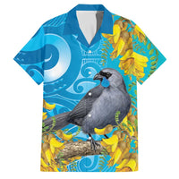 New Zealand Kokako Bird Family Matching Tank Maxi Dress and Hawaiian Shirt Maori Koru With Kowhai Flowers