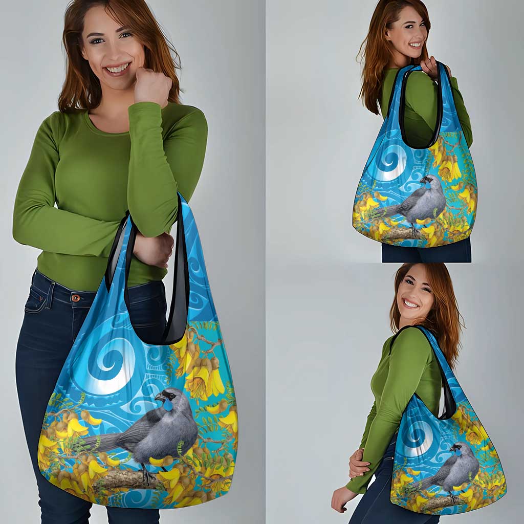 New Zealand Kokako Bird Grocery Bag Maori Koru With Kowhai Flowers - Polynesian Pride