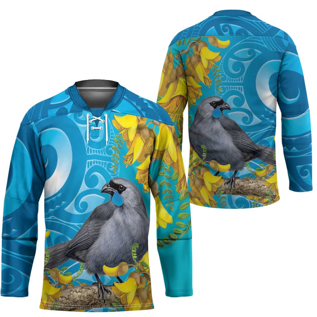 New Zealand Kokako Bird Hockey Jersey Maori Koru With Kowhai Flowers - Polynesian Pride