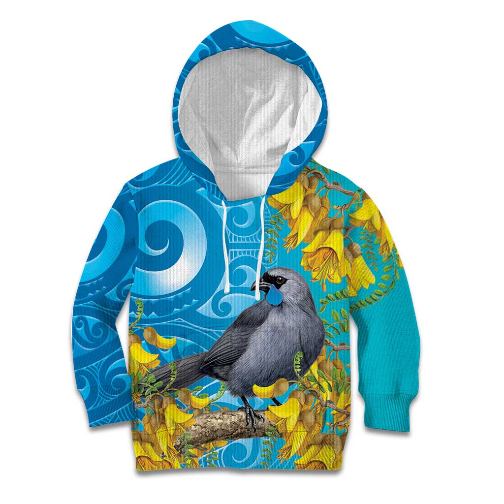 New Zealand Kokako Bird Kid Hoodie Maori Koru With Kowhai Flowers - Polynesian Pride