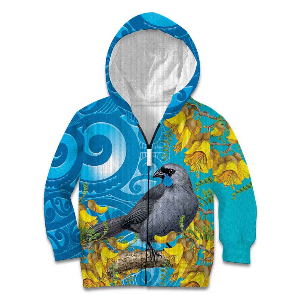 New Zealand Kokako Bird Kid Hoodie Maori Koru With Kowhai Flowers - Polynesian Pride