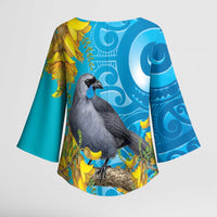 New Zealand Kokako Bird Kimono Sleeve Blouse Maori Koru With Kowhai Flowers - Polynesian Pride