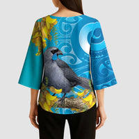 New Zealand Kokako Bird Kimono Sleeve Blouse Maori Koru With Kowhai Flowers - Polynesian Pride