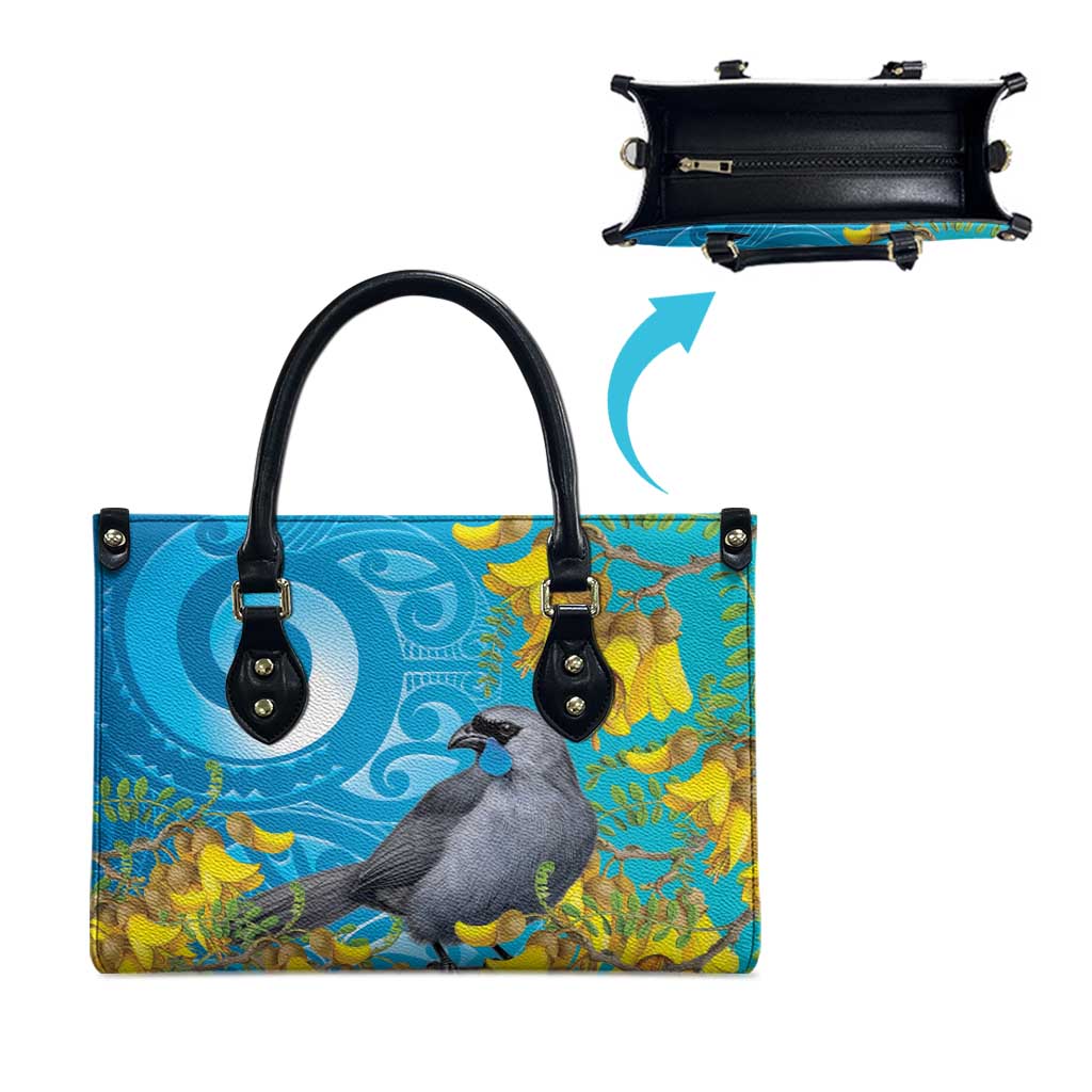 New Zealand Kokako Bird Leather Bag Maori Koru With Kowhai Flowers - Polynesian Pride