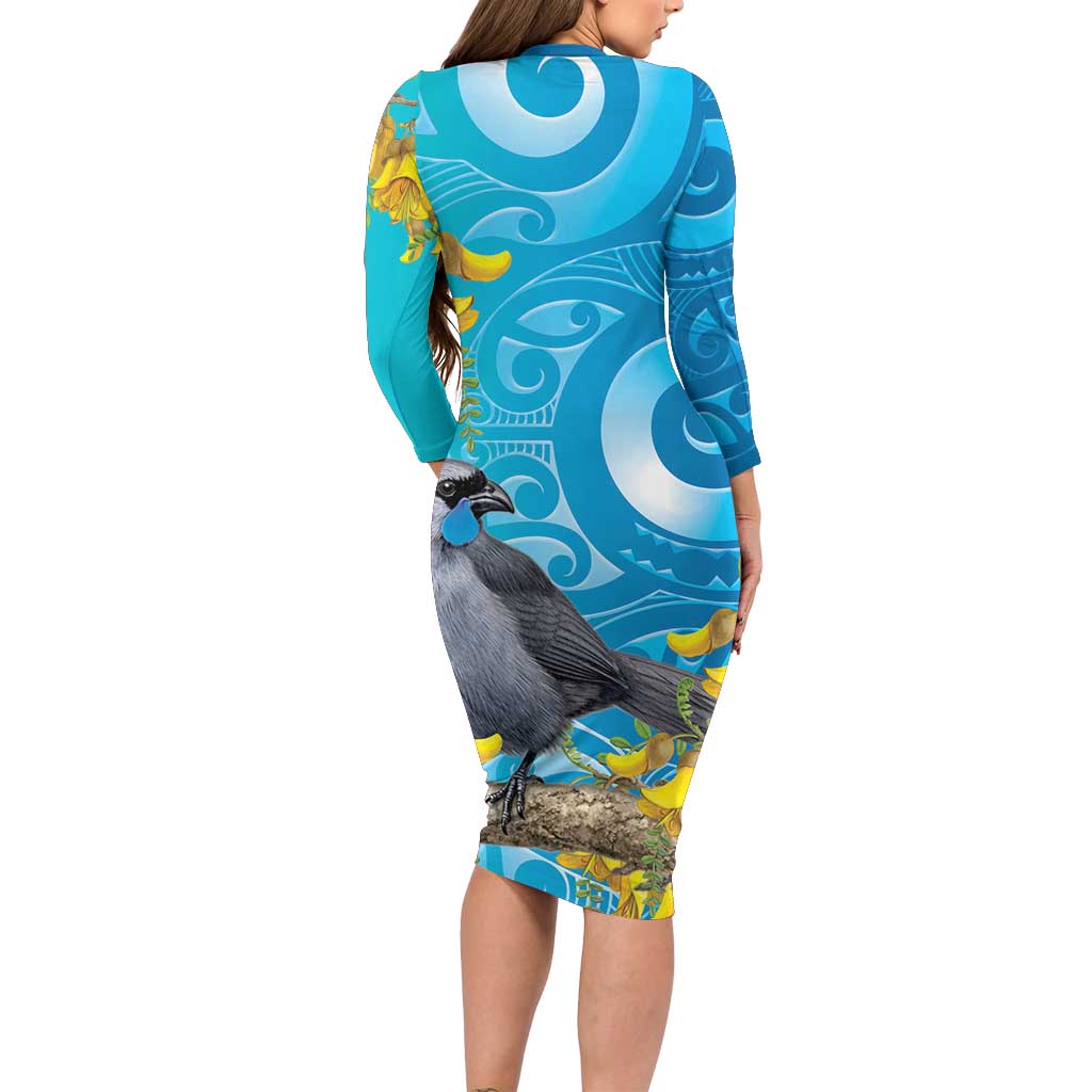 New Zealand Kokako Bird Long Sleeve Bodycon Dress Maori Koru With Kowhai Flowers - Polynesian Pride