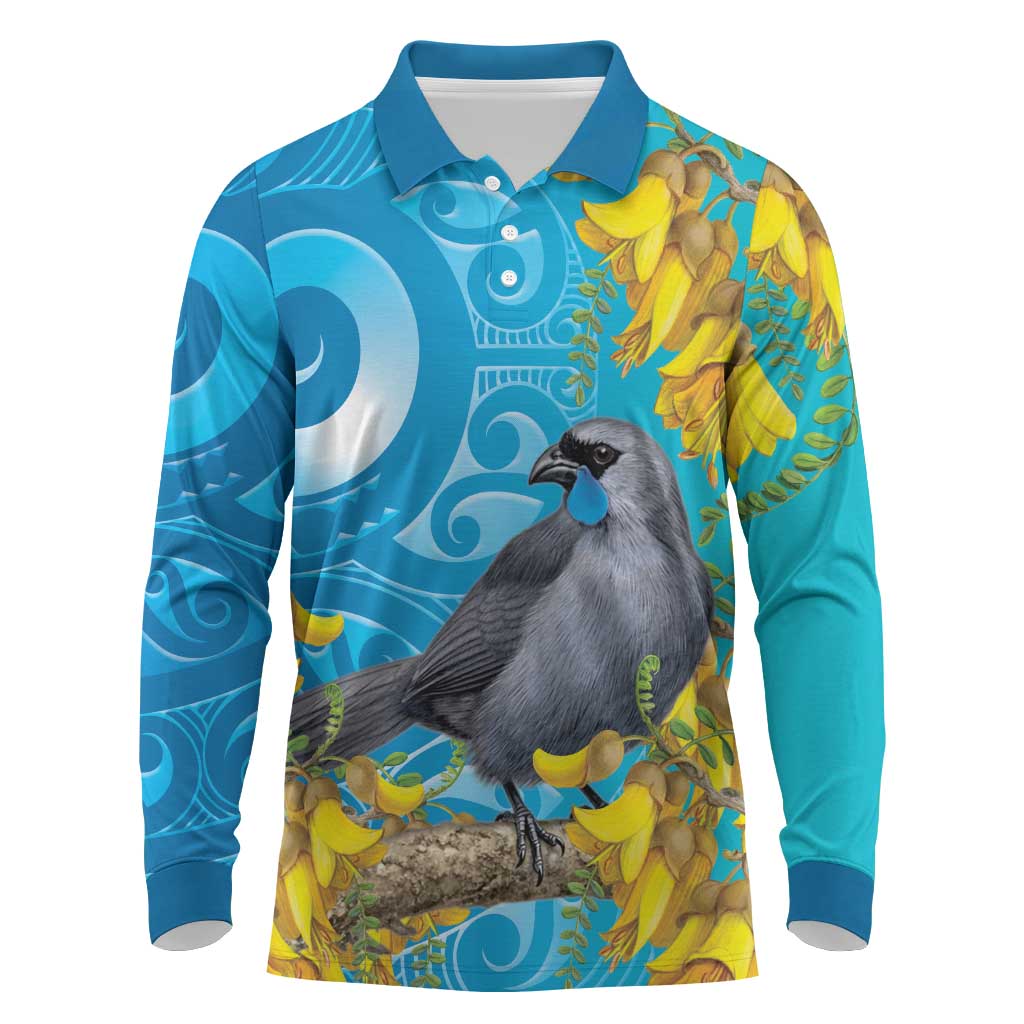 New Zealand Kokako Bird Long Sleeve Polo Shirt Maori Koru With Kowhai Flowers - Polynesian Pride