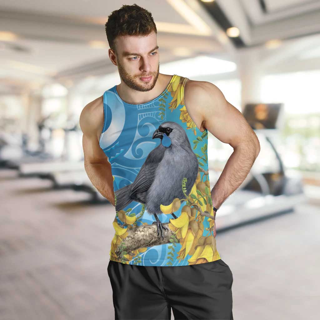 New Zealand Kokako Bird Men Tank Top Maori Koru With Kowhai Flowers - Polynesian Pride