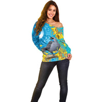 New Zealand Kokako Bird Off Shoulder Sweater Maori Koru With Kowhai Flowers - Polynesian Pride