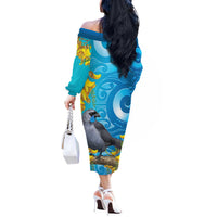 New Zealand Kokako Bird Off The Shoulder Long Sleeve Dress Maori Koru With Kowhai Flowers - Polynesian Pride