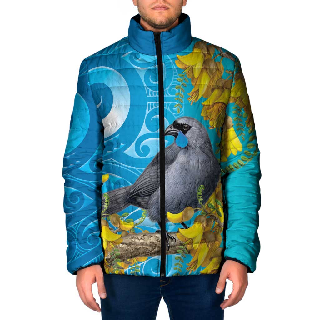 New Zealand Kokako Bird Padded Jacket Maori Koru With Kowhai Flowers - Polynesian Pride