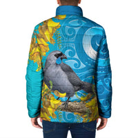 New Zealand Kokako Bird Padded Jacket Maori Koru With Kowhai Flowers - Polynesian Pride