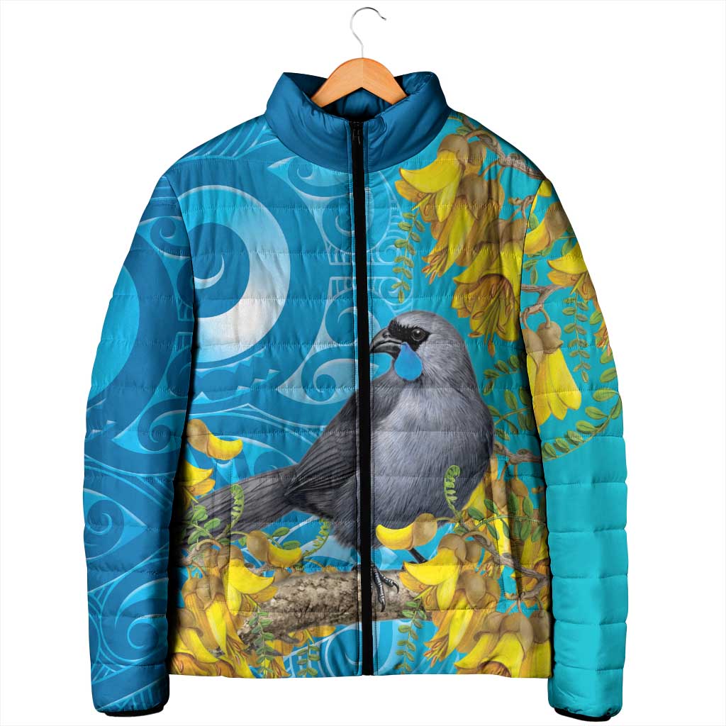 New Zealand Kokako Bird Padded Jacket Maori Koru With Kowhai Flowers - Polynesian Pride