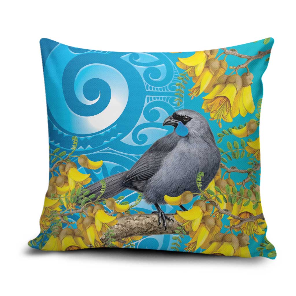 New Zealand Kokako Bird Pillow Cover Maori Koru With Kowhai Flowers - Polynesian Pride