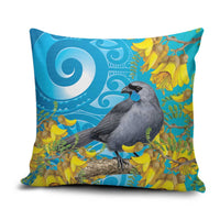 New Zealand Kokako Bird Pillow Cover Maori Koru With Kowhai Flowers - Polynesian Pride